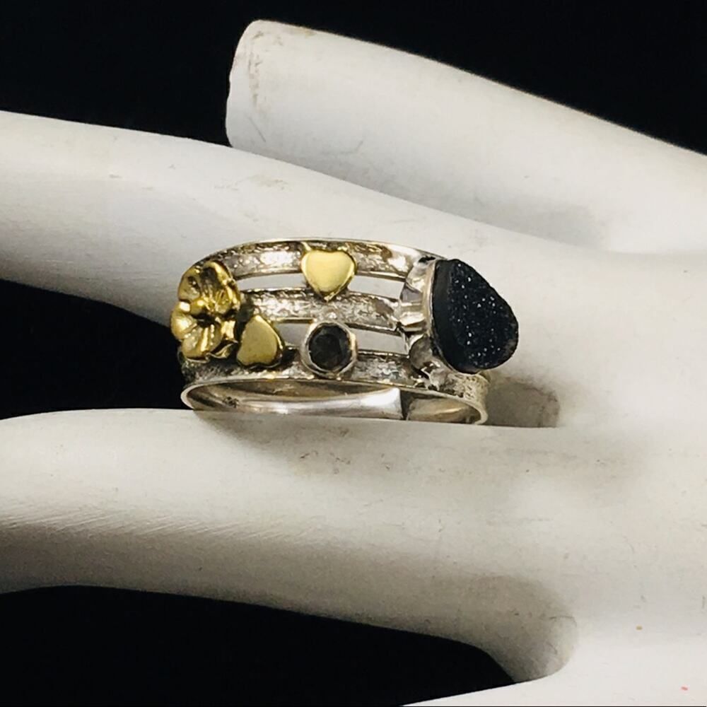 Two-tone Black Druzy & Smoky Topaz Sterling Silver Ring Size 9